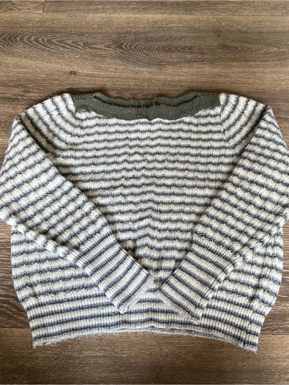 Nine West Striped Crewneck Sweater in White and Olive